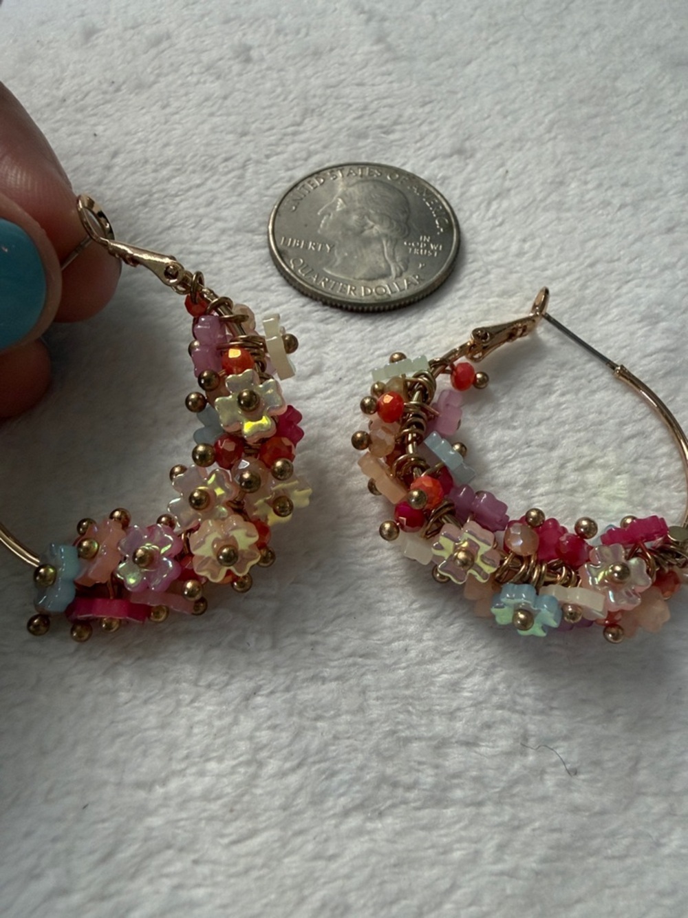 Gold Hoop Earrings with Multicolor Flower Bead Accents